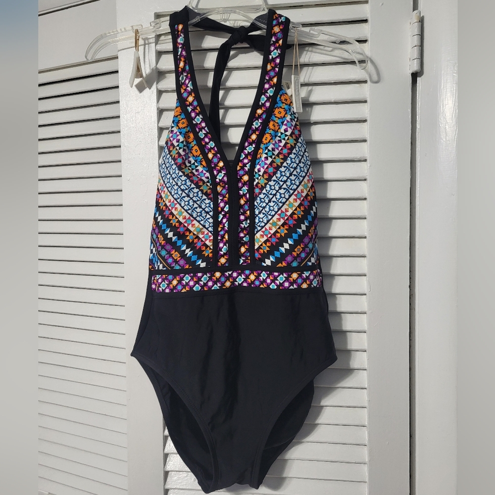 Aqua Green Black One Piece with Geometric Patterns